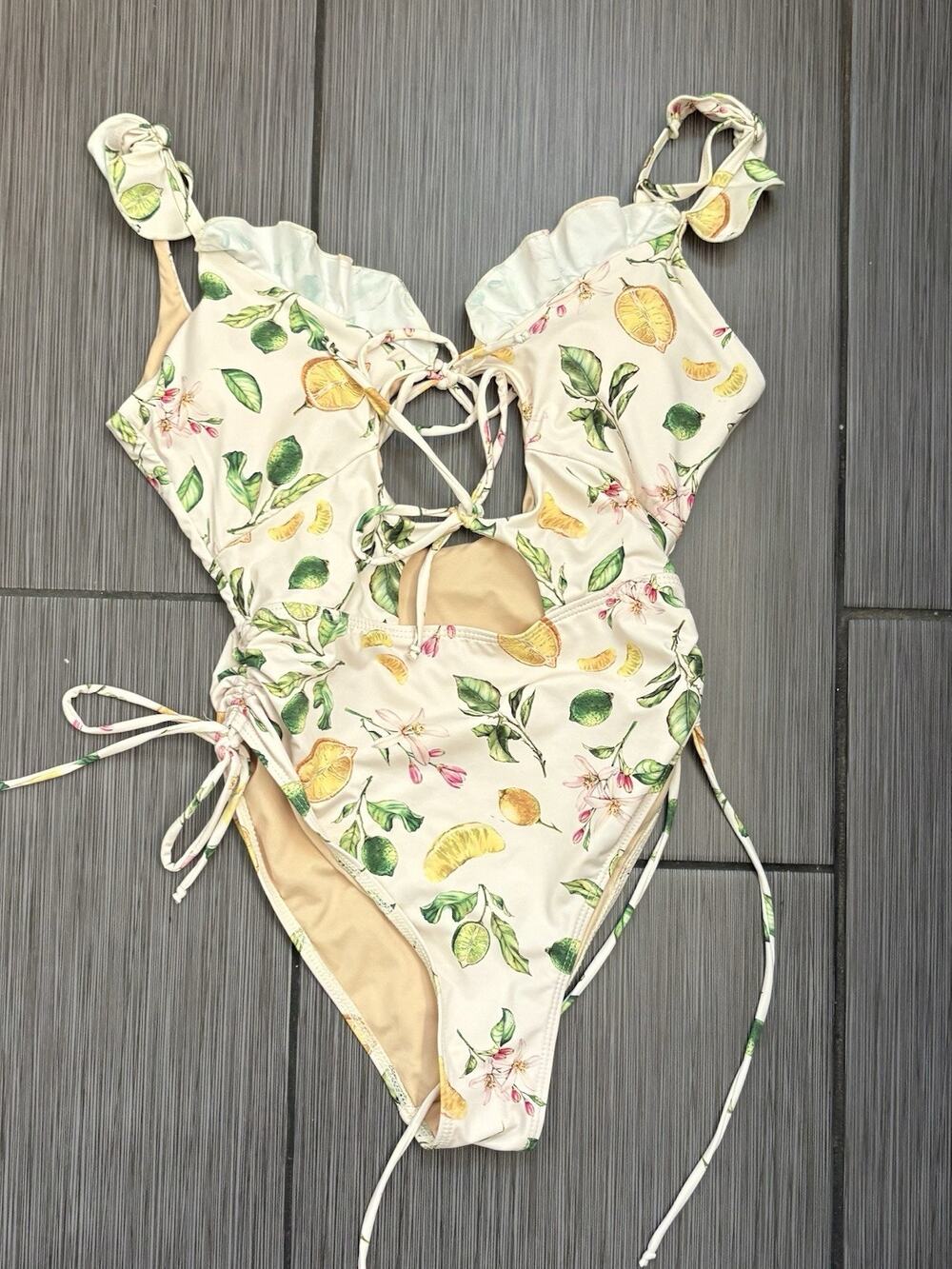 Beach Joy Bikini Lemon Print Ruffle Trim Cutout One Piece Swimsuit Size Small